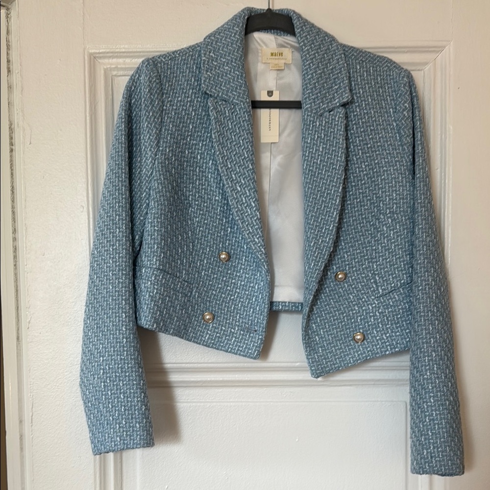 Maeve Blue Cropped Blazer with Textured Design